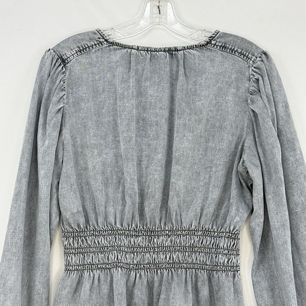 GAP Women’s Gray Denim Blouse V-Neck Smocked Waist Puff Long Sleeve Size L - Picture 5 of 16